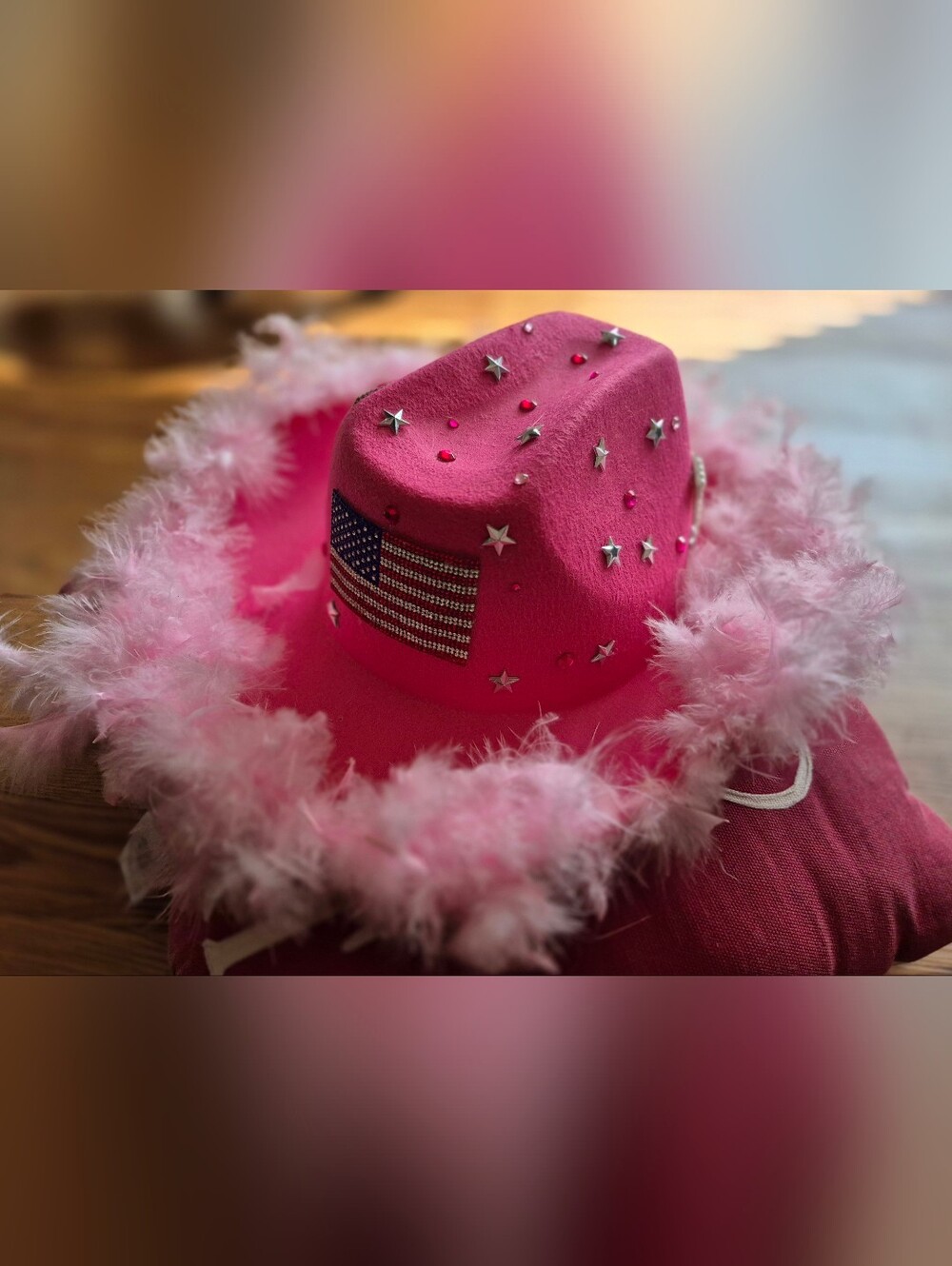 Pink Feathered Cowboy Hat with Star & Flag Accents